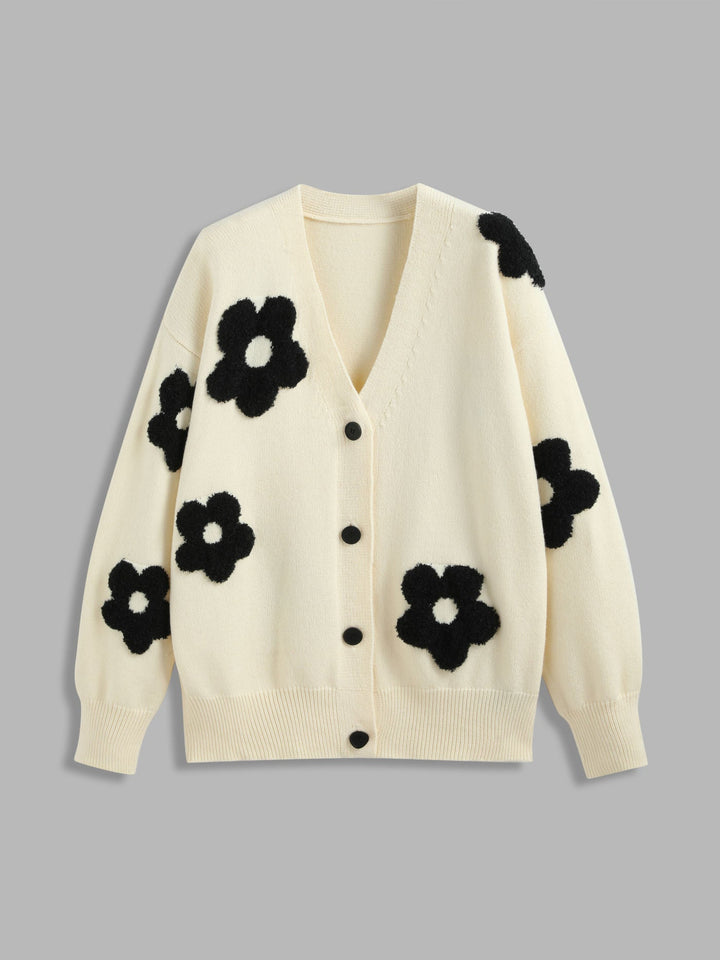 Dahlia | Women’s knit cardigan with v-neck, button front, and floral pattern