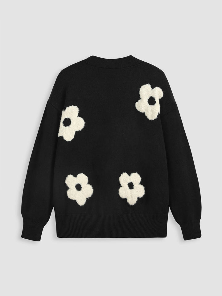 Dahlia | Women’s knit cardigan with v-neck, button front, and floral pattern