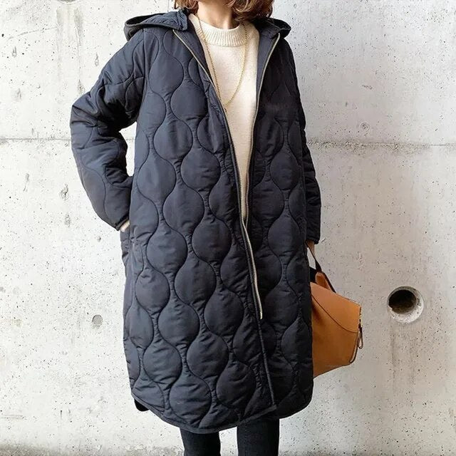Navy | Women’s quilted longline hooded parka coat