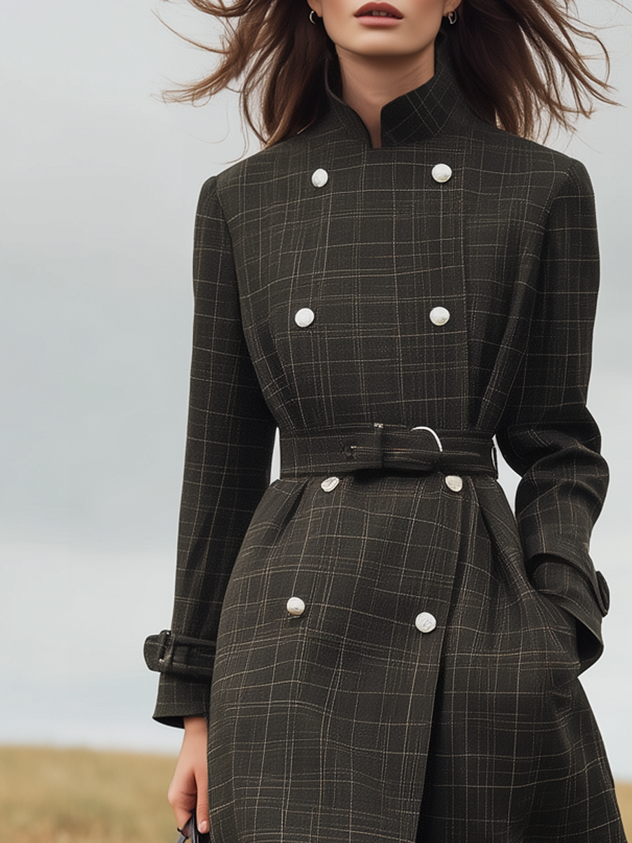 Jobelle | Women’s belted long plaid trench coat with double-breasted design