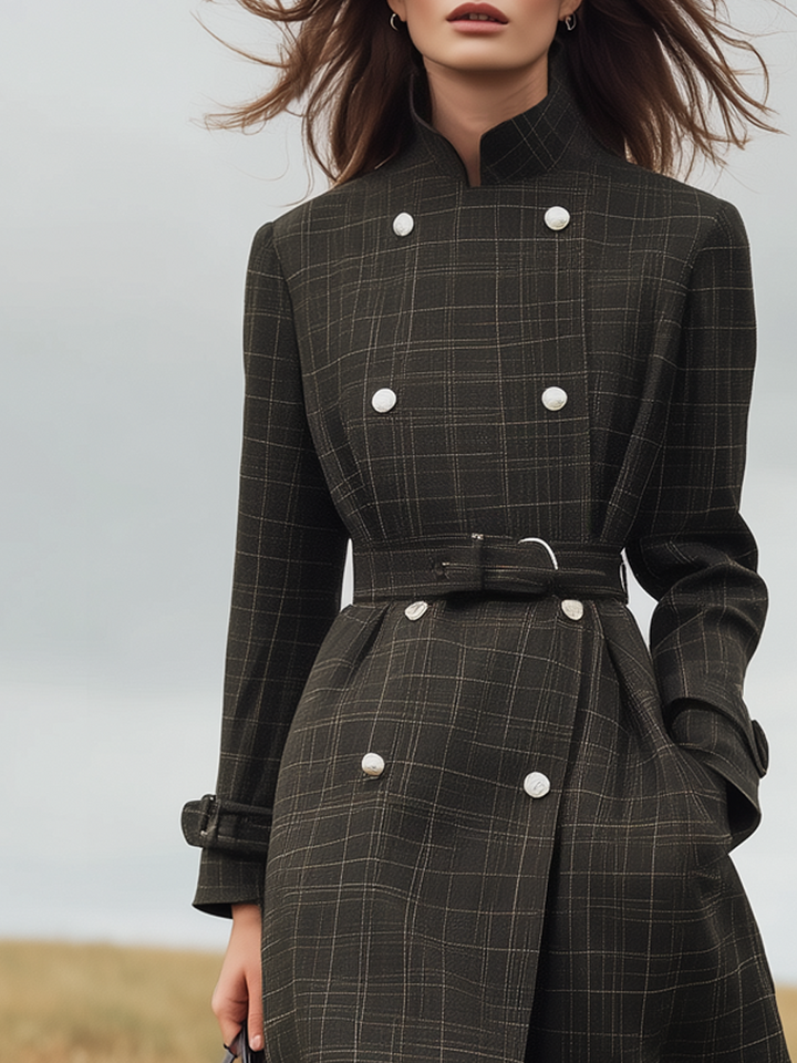 Jobelle | Women’s belted long plaid trench coat with double-breasted design