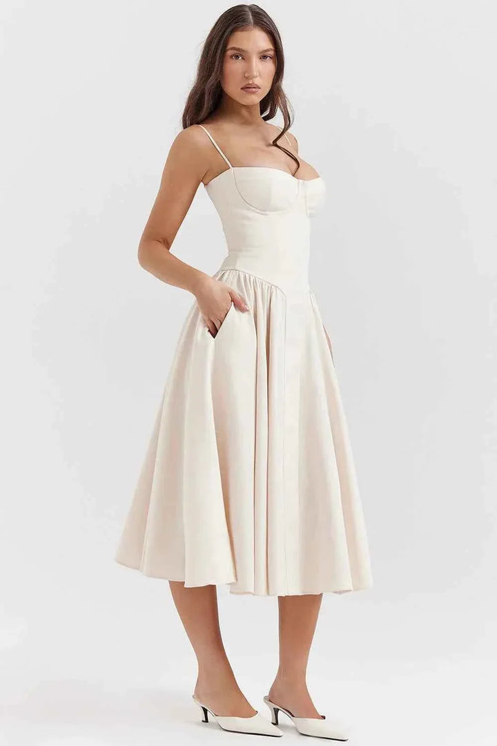 Clara | Corset midi dress with spaghetti straps and flared skirt