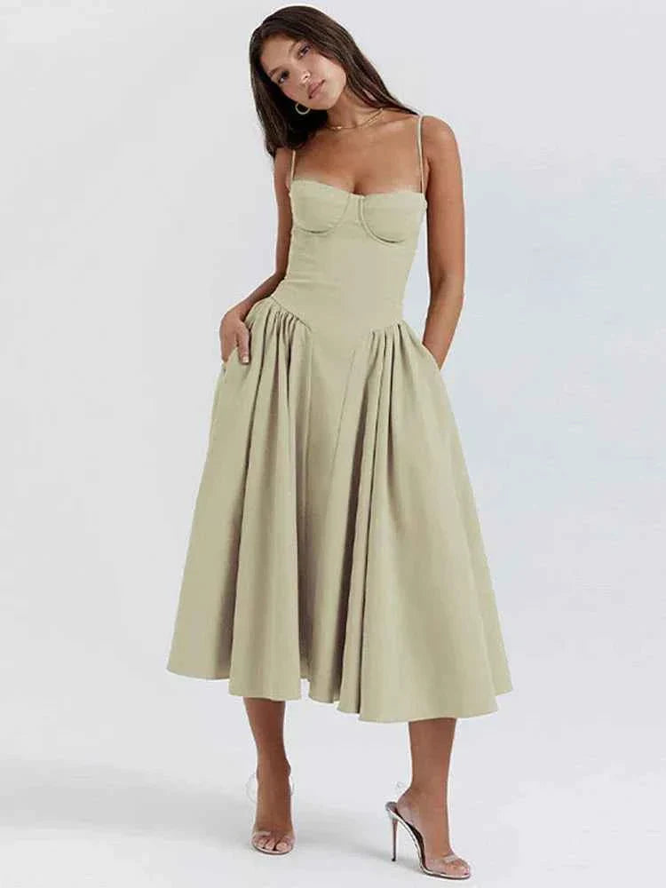 Clara | Corset midi dress with spaghetti straps and flared skirt