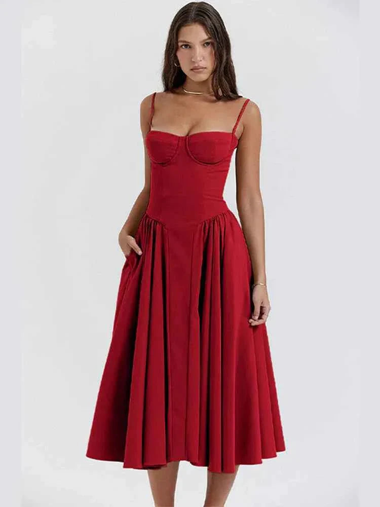 Clara | Corset midi dress with spaghetti straps and flared skirt
