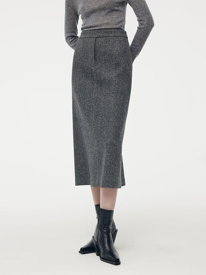 Talia | Women’s wool blend herringbone straight midi skirt