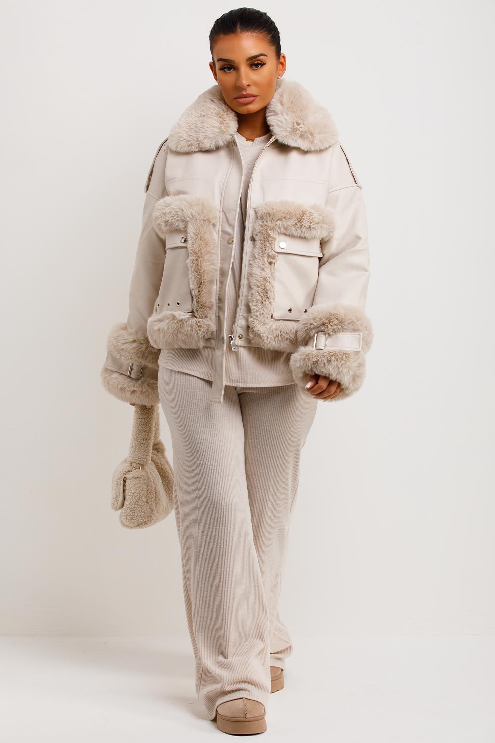 Callista | Women’s faux leather jacket with faux fur trim