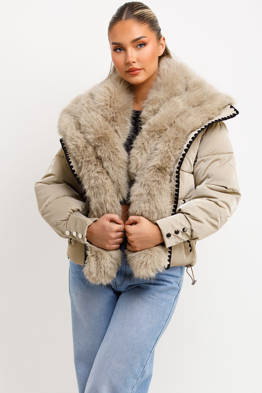 Nataly | Women’s faux fur collar puffer jacket with contrast stitch trim