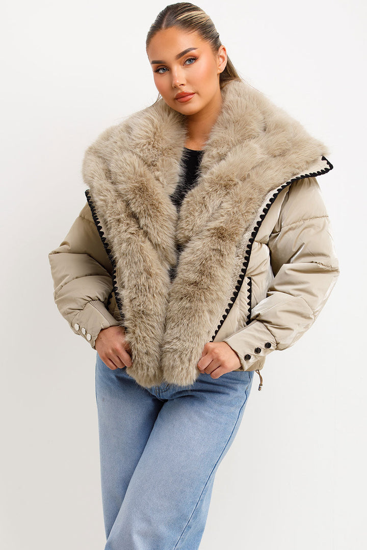 Nataly | Women’s faux fur collar puffer jacket with contrast stitch trim