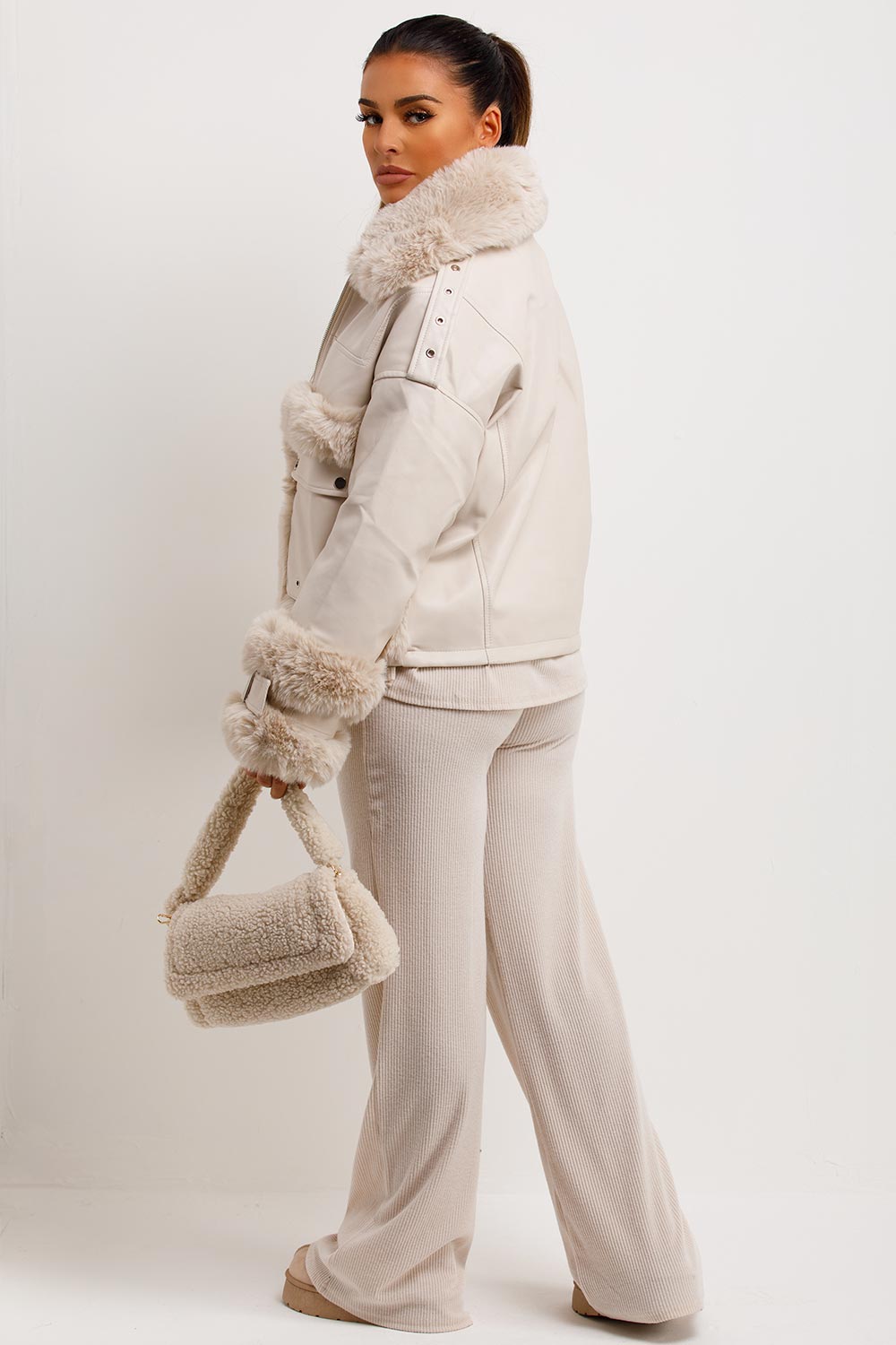 Callista | Women’s faux leather jacket with faux fur trim