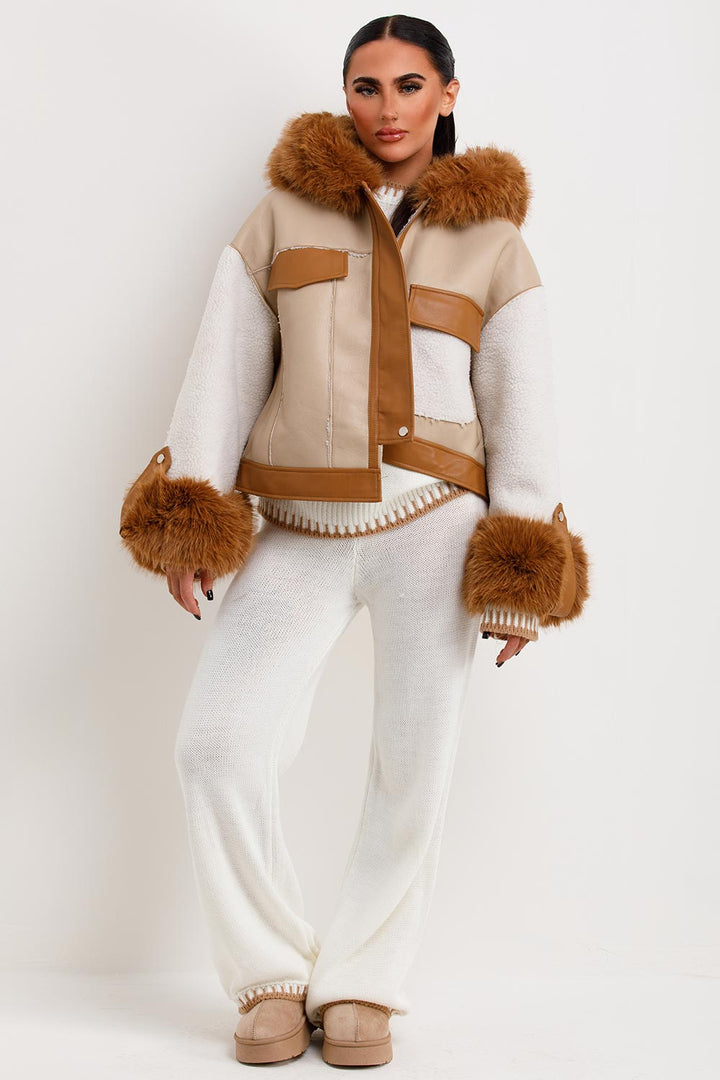 Neriah | Women’s shearling faux leather jacket with luxe faux fur hood