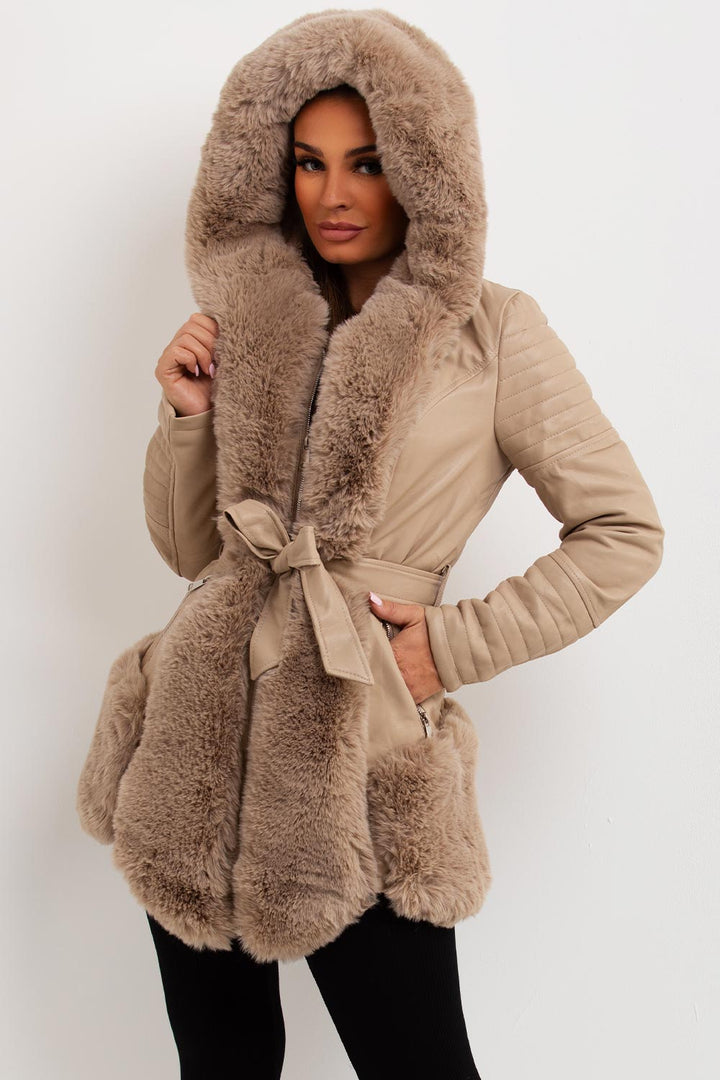 Salem | Women’s faux leather faux fur hooded jacket with wait belt