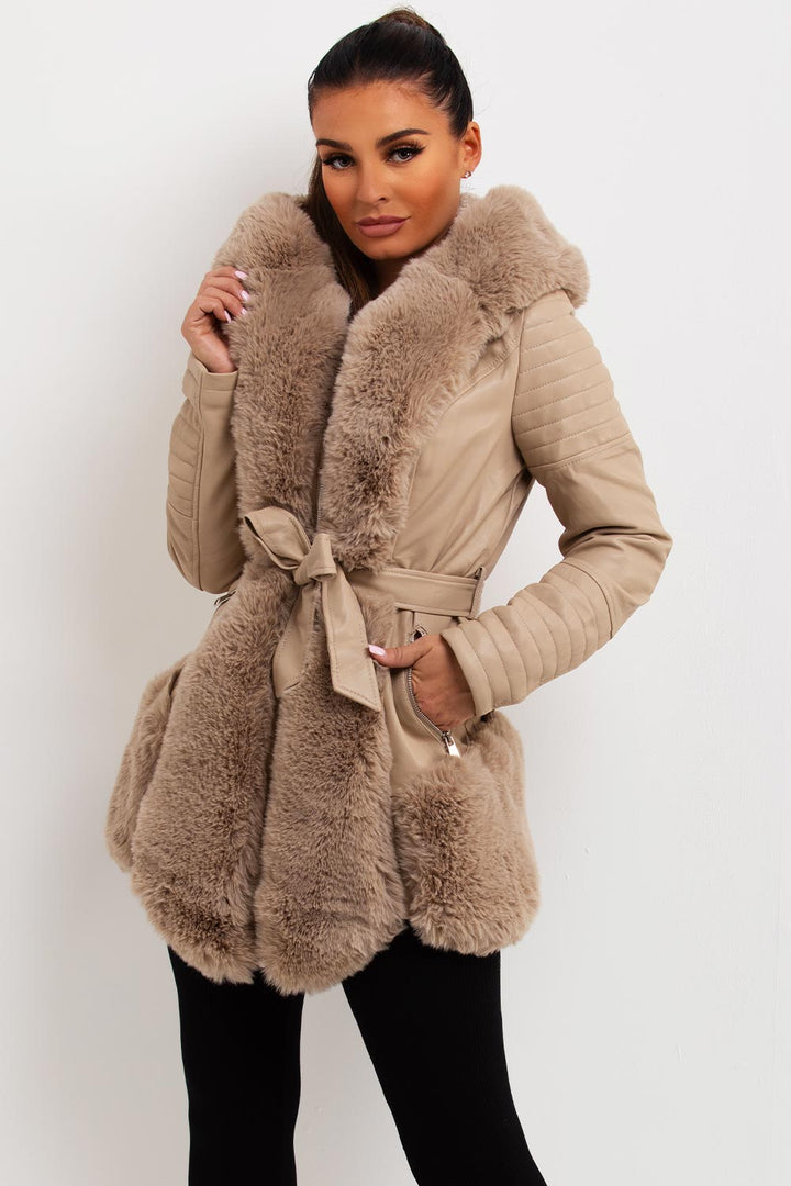 Salem | Women’s faux leather faux fur hooded jacket with wait belt