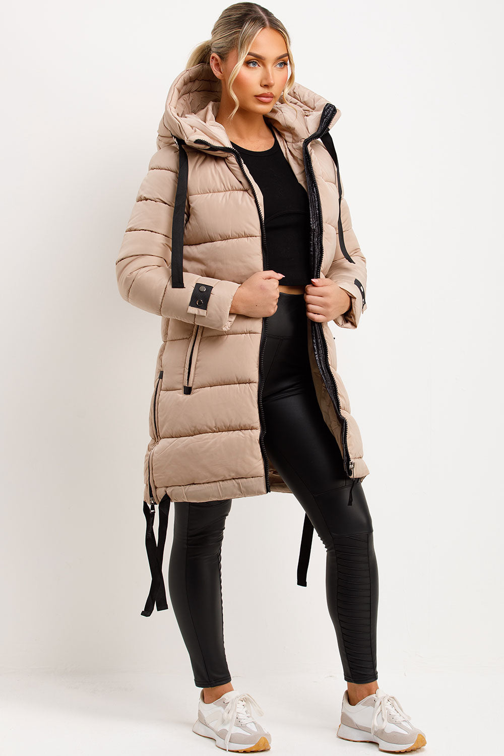 Joelle | Women’s long hooded puffer coat with side strap detail