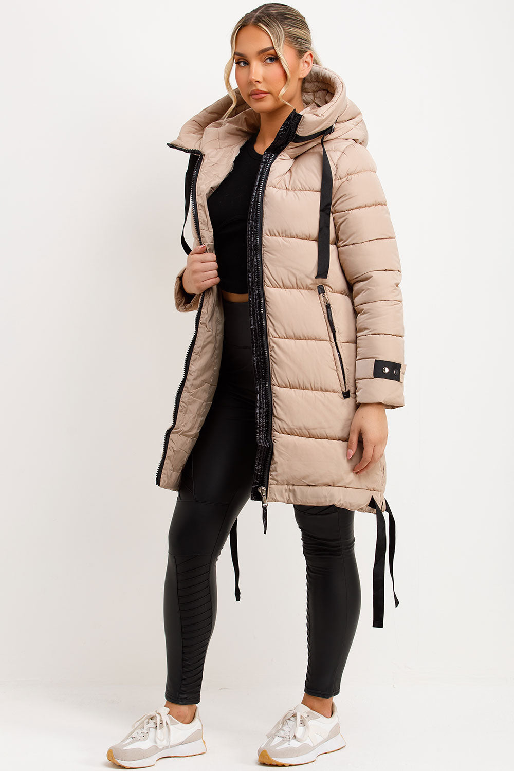 Joelle | Women’s long hooded puffer coat with side strap detail
