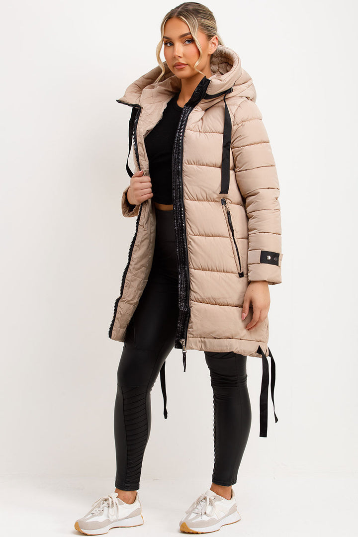 Joelle | Women’s long hooded puffer coat with side strap detail