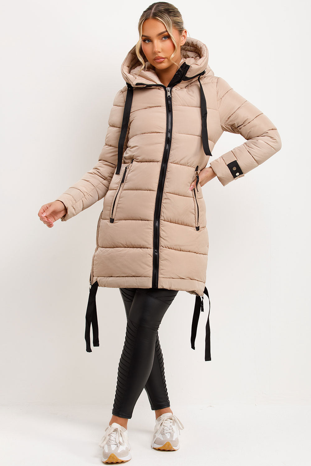 Joelle | Women’s long hooded puffer coat with side strap detail