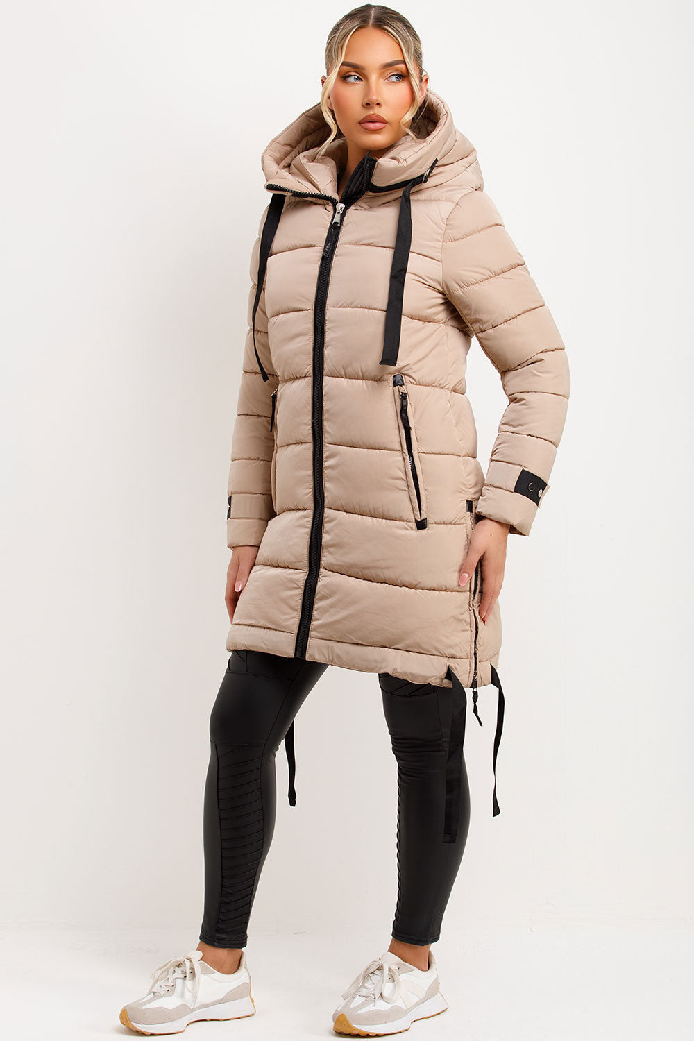 Joelle | Women’s long hooded puffer coat with side strap detail