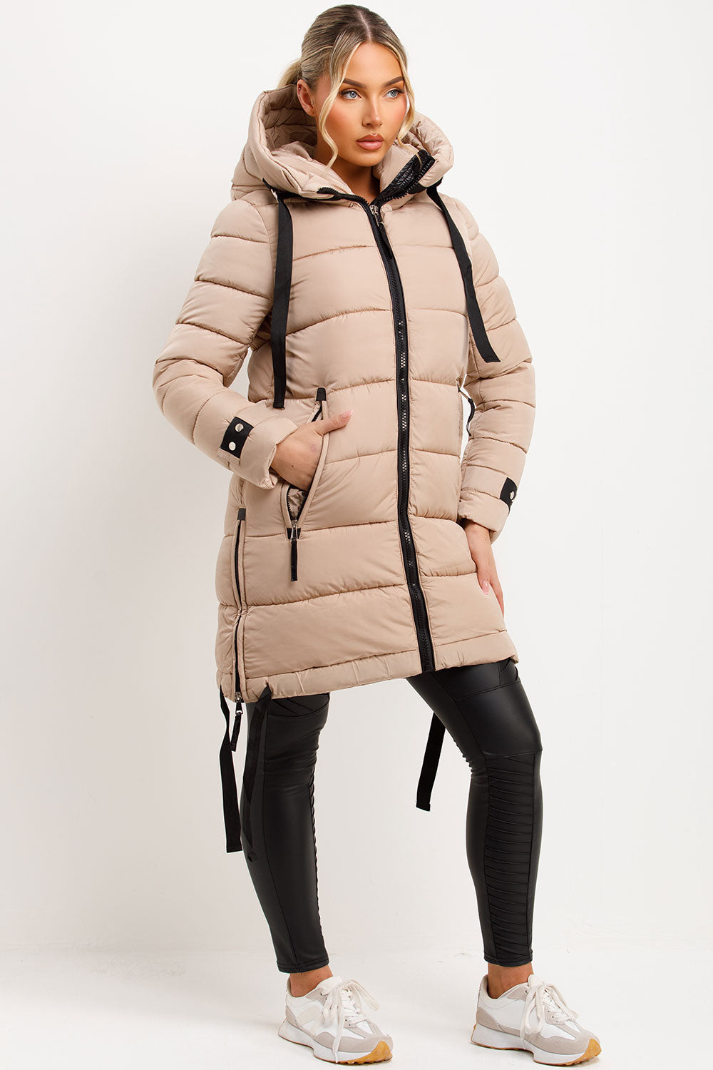 Joelle | Women’s long hooded puffer coat with side strap detail