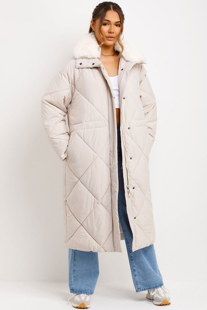 Geline | Women’s long quilted winter coat with faux fur collar
