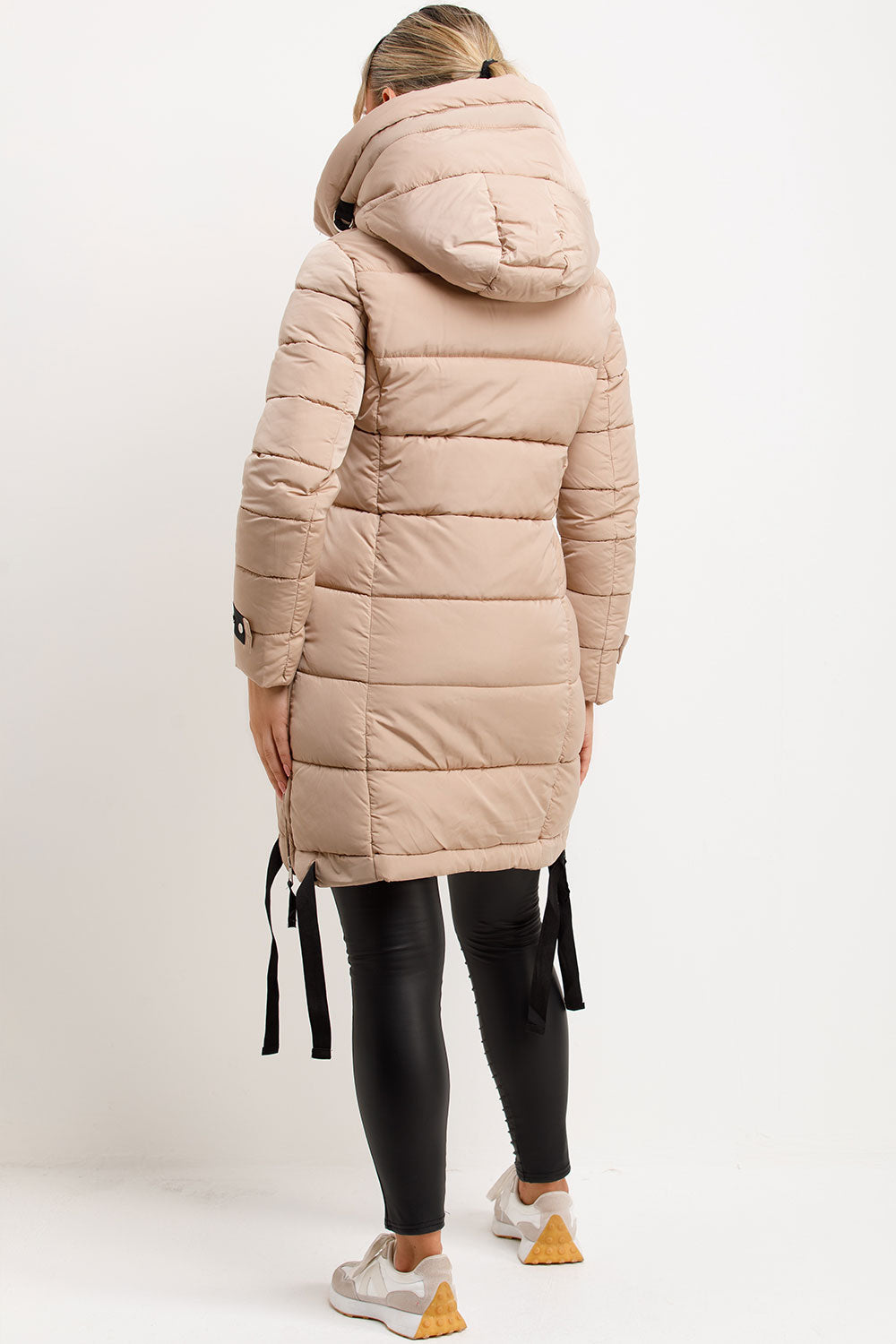 Joelle | Women’s long hooded puffer coat with side strap detail