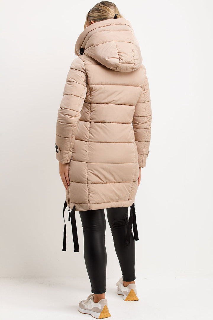 Joelle | Women’s long hooded puffer coat with side strap detail