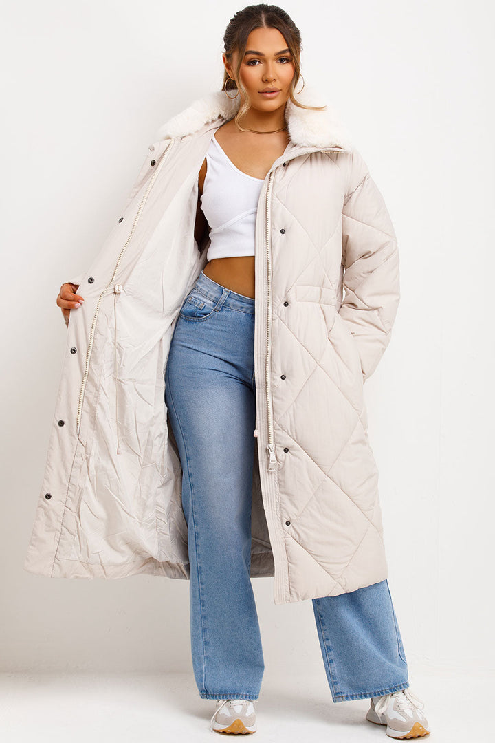 Geline | Women’s long quilted winter coat with faux fur collar