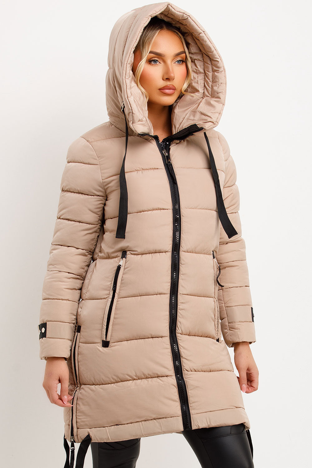 Joelle | Women’s long hooded puffer coat with side strap detail