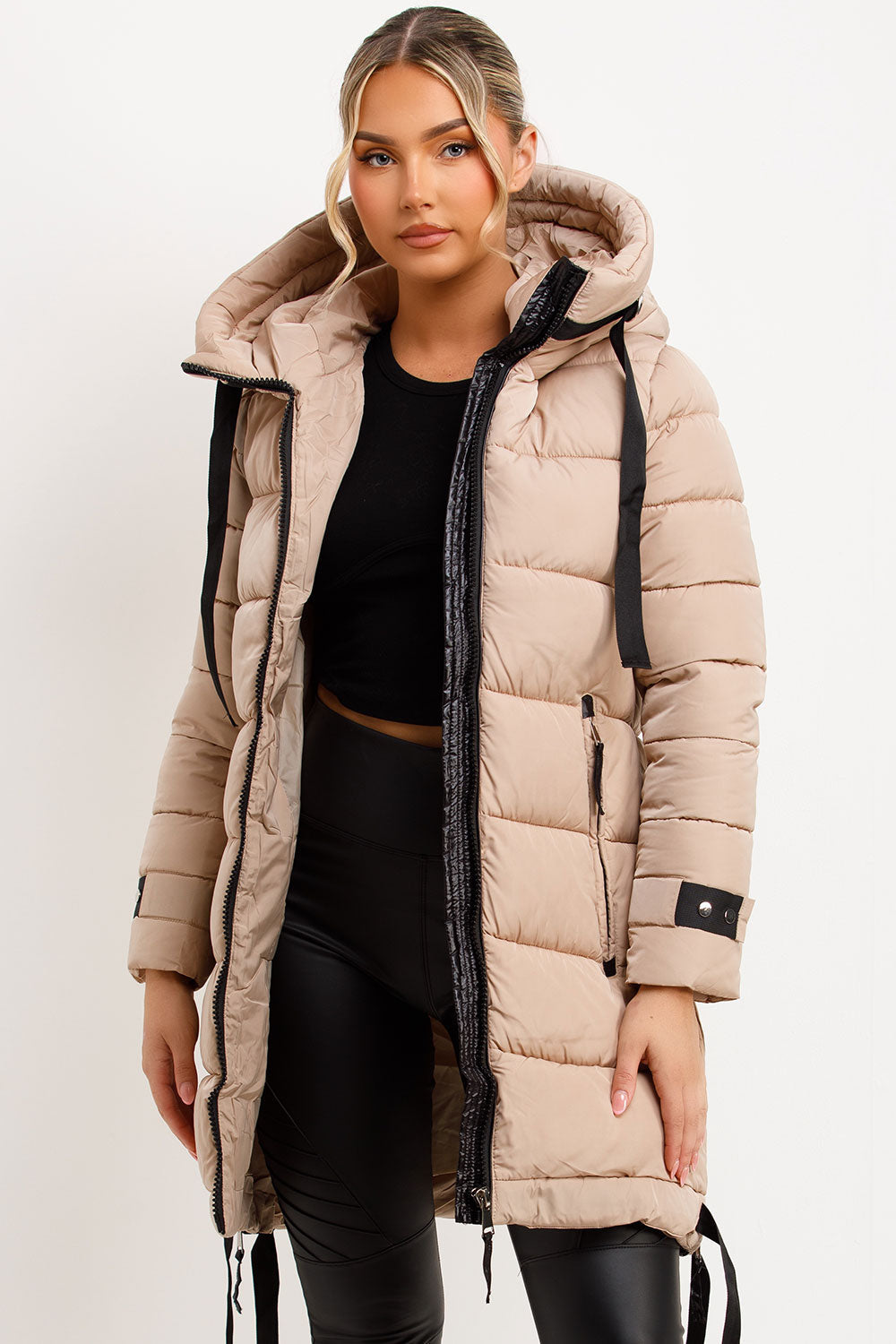 Joelle | Women’s long hooded puffer coat with side strap detail