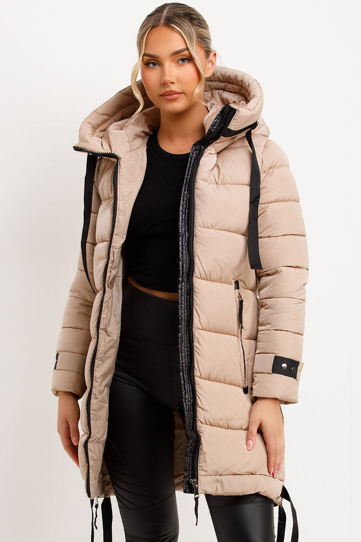 Joelle | Women’s long hooded puffer coat with side strap detail