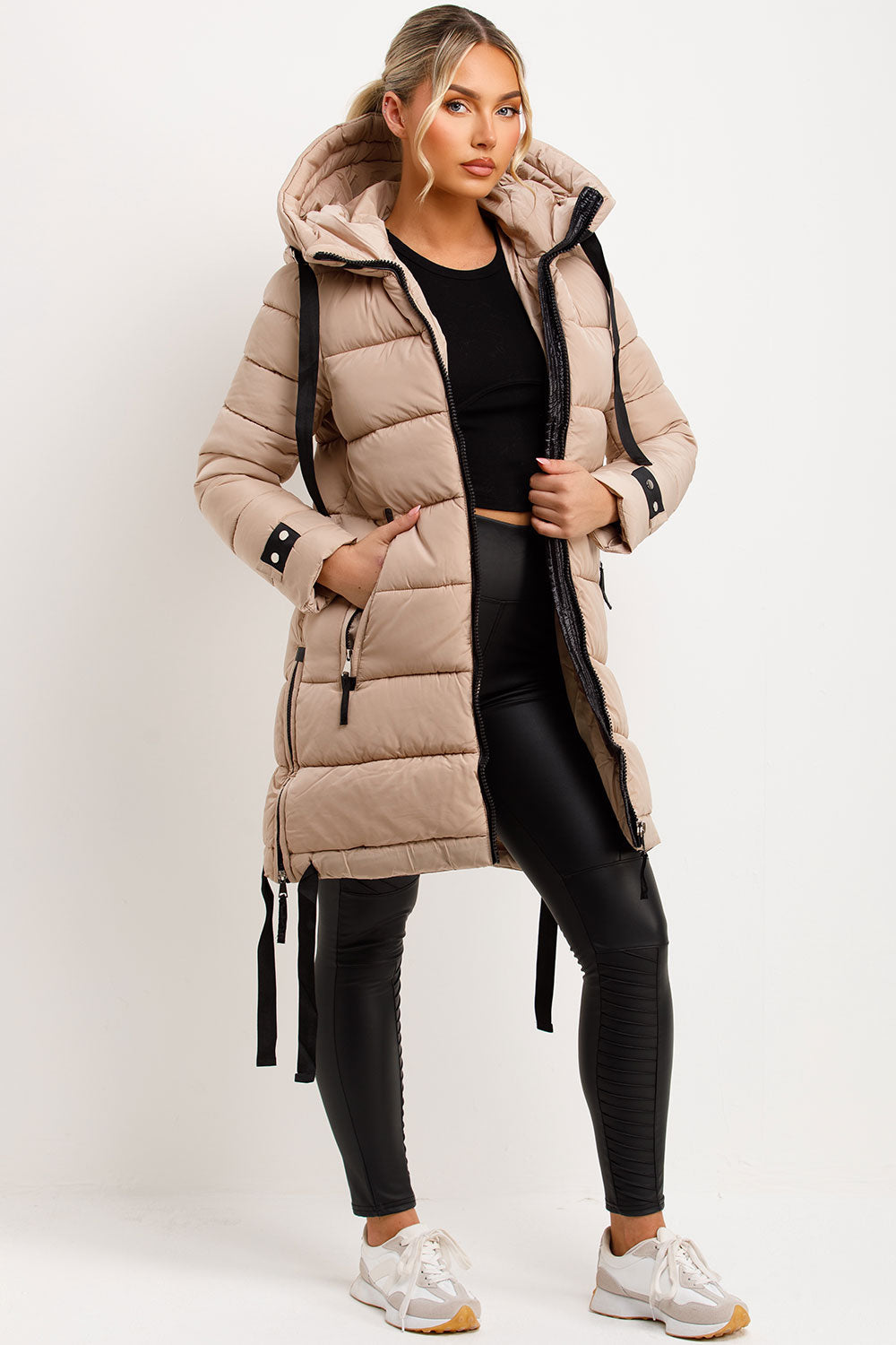 Joelle | Women’s long hooded puffer coat with side strap detail