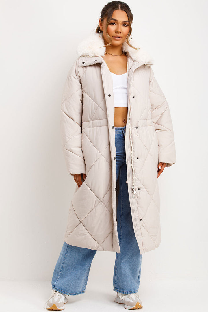Geline | Women’s long quilted winter coat with faux fur collar