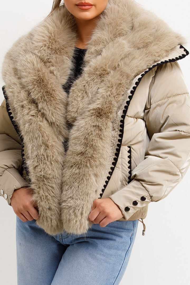 Nataly | Women’s faux fur collar puffer jacket with contrast stitch trim