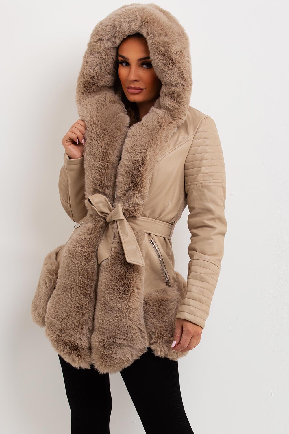 Salem | Women’s faux leather faux fur hooded jacket with wait belt