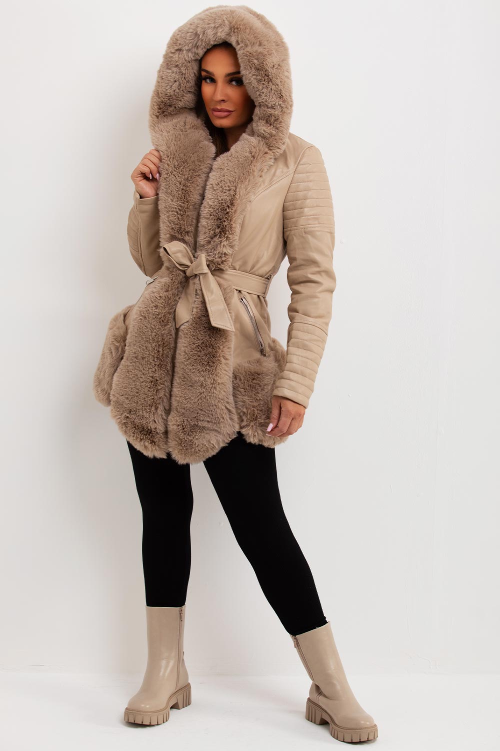 Salem | Women’s faux leather faux fur hooded jacket with wait belt
