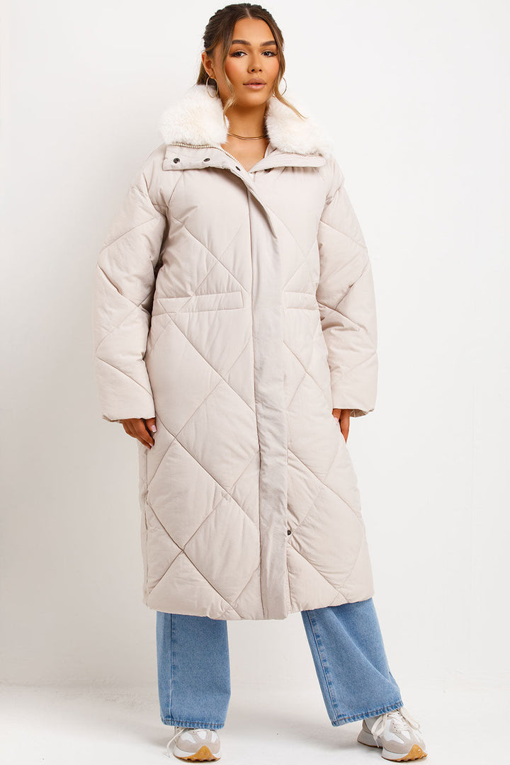 Geline | Women’s long quilted winter coat with faux fur collar