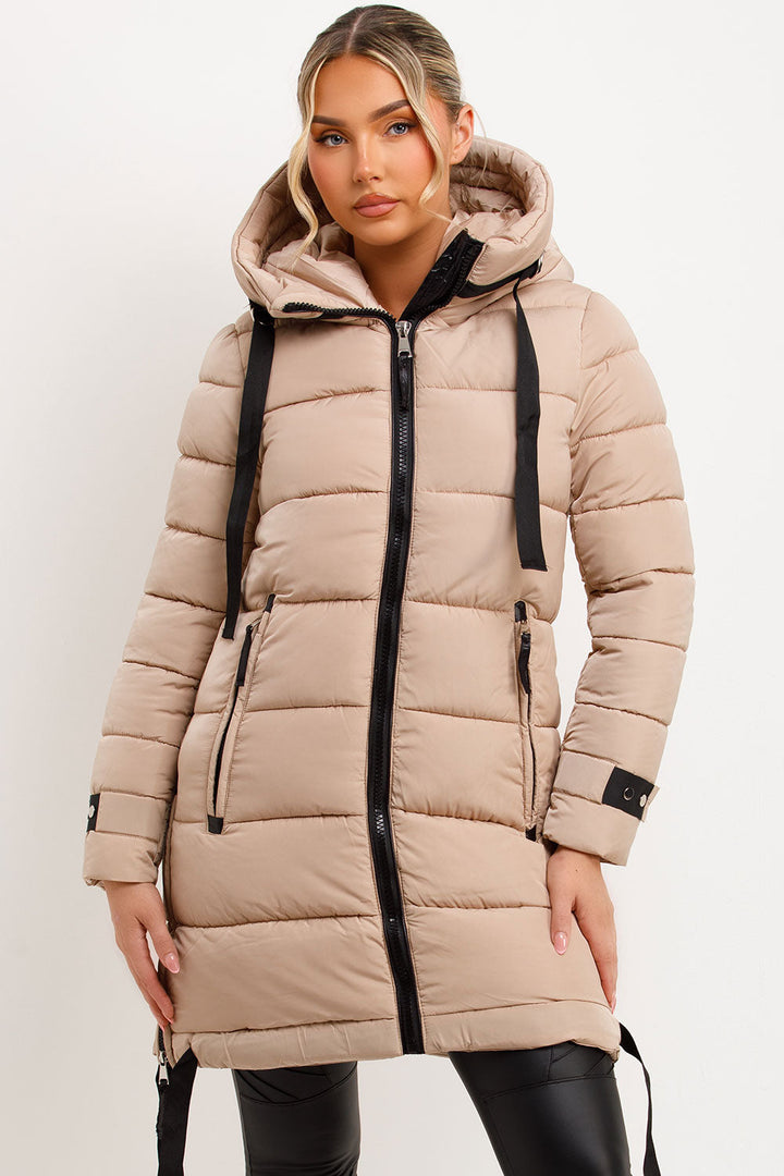 Joelle | Women’s long hooded puffer coat with side strap detail