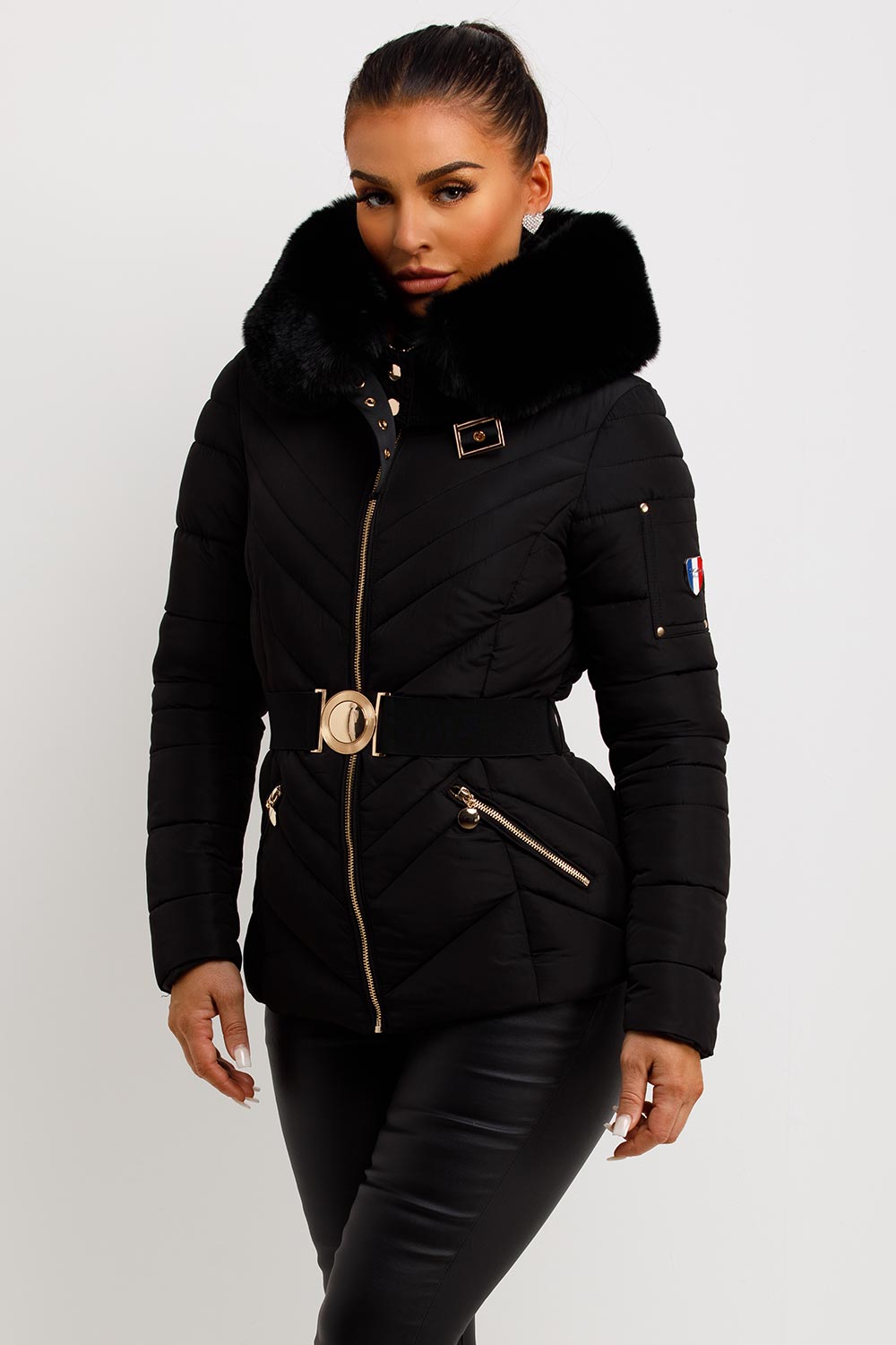 Dalia | Women’s belted puffer jacket with faux-fur hood