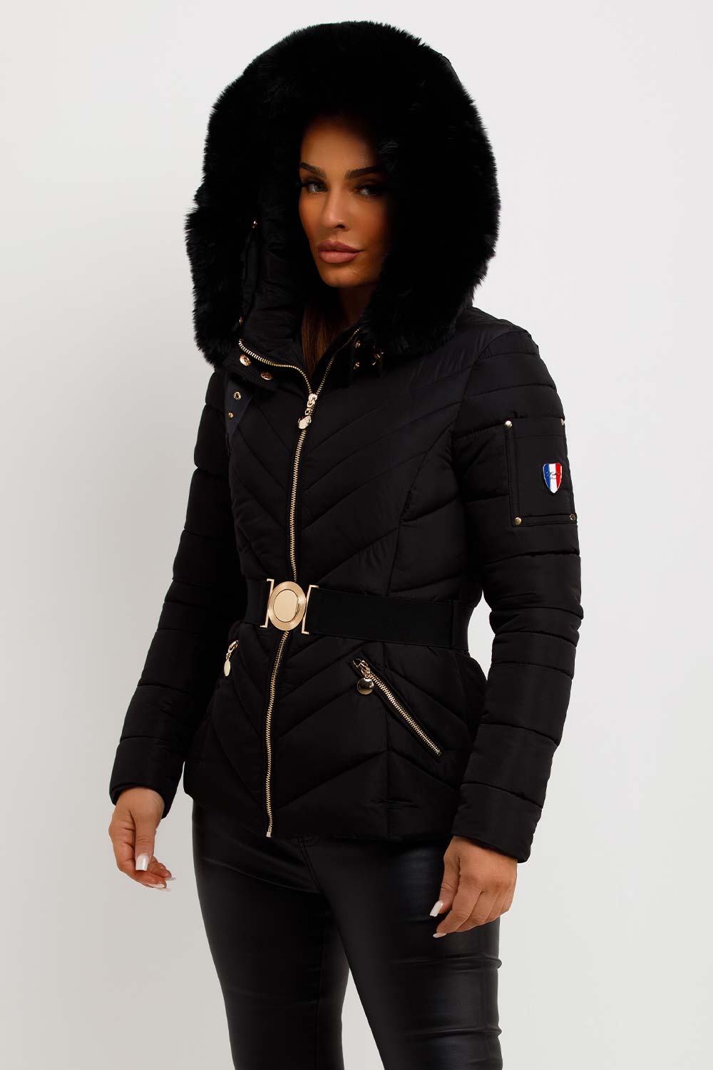 Dalia | Women’s belted puffer jacket with faux-fur hood