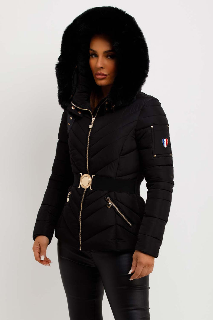Dalia | Women’s belted puffer jacket with faux-fur hood
