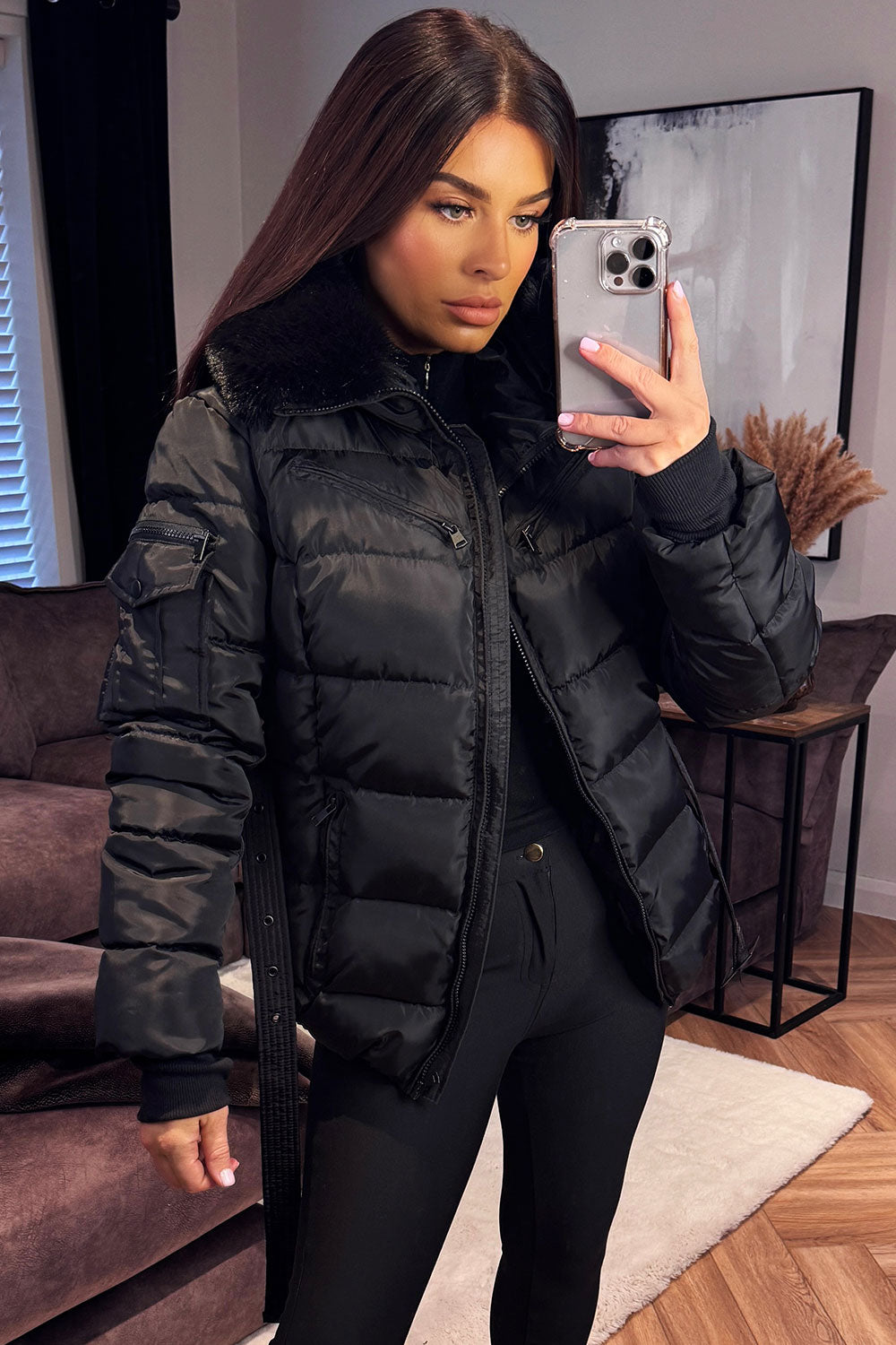 Jaylen | Women’s belted puffer jacket with faux fur hood