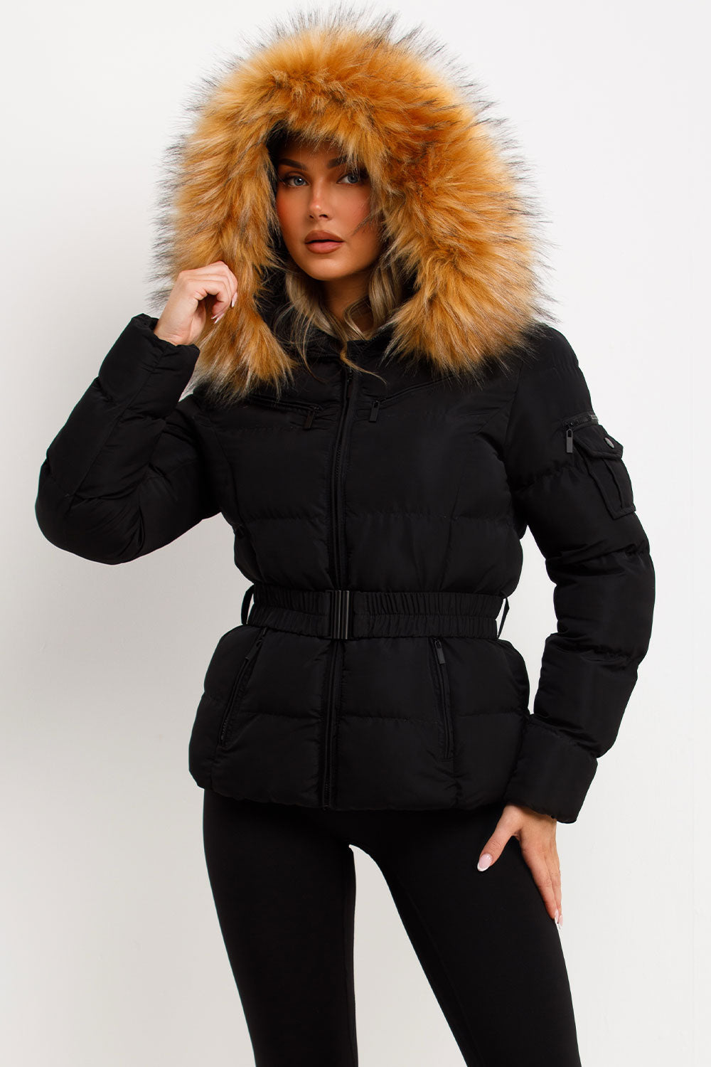 Ameliee | Women’s belted puffer jacket with faux fur hood