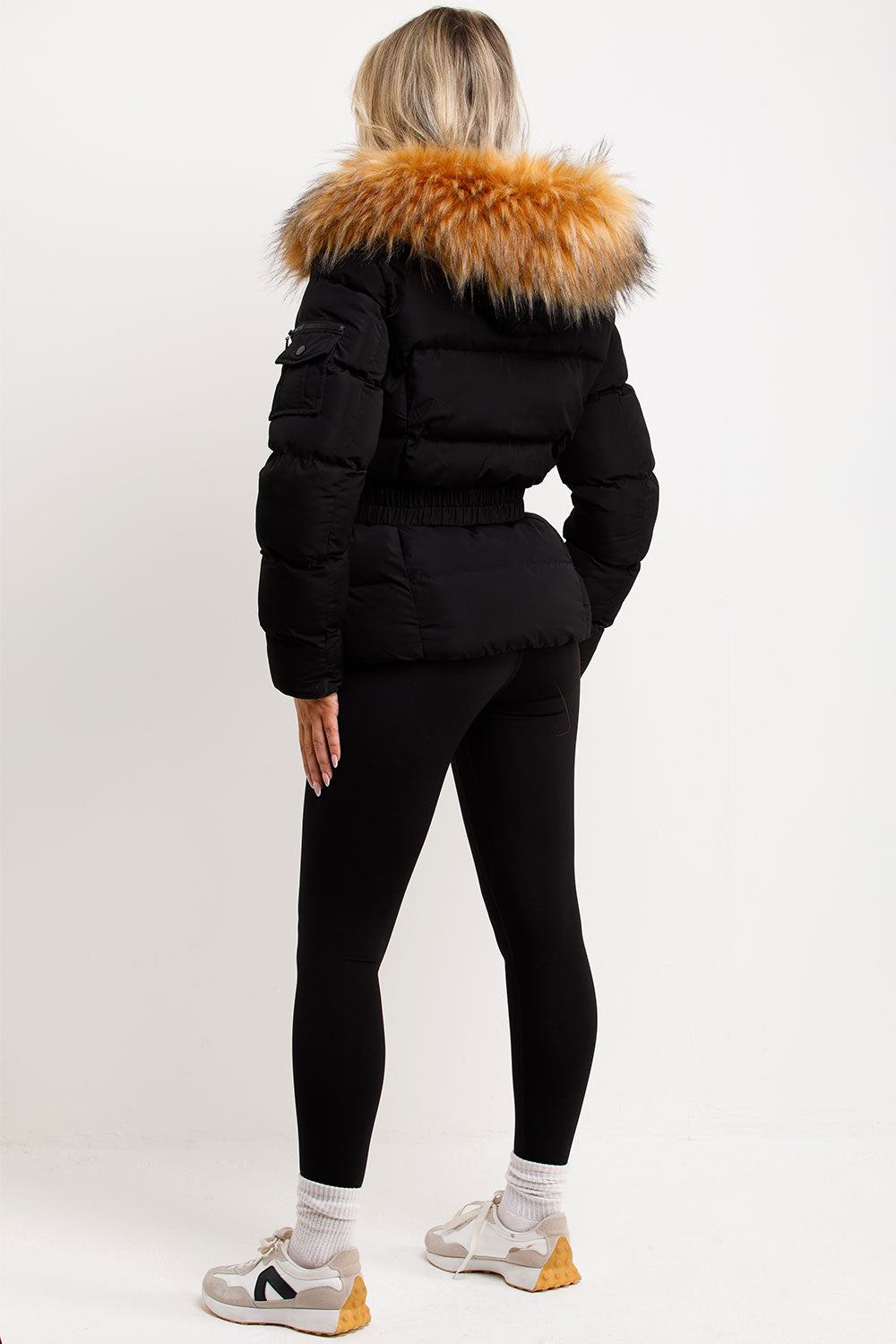 Ameliee | Women’s belted puffer jacket with faux fur hood