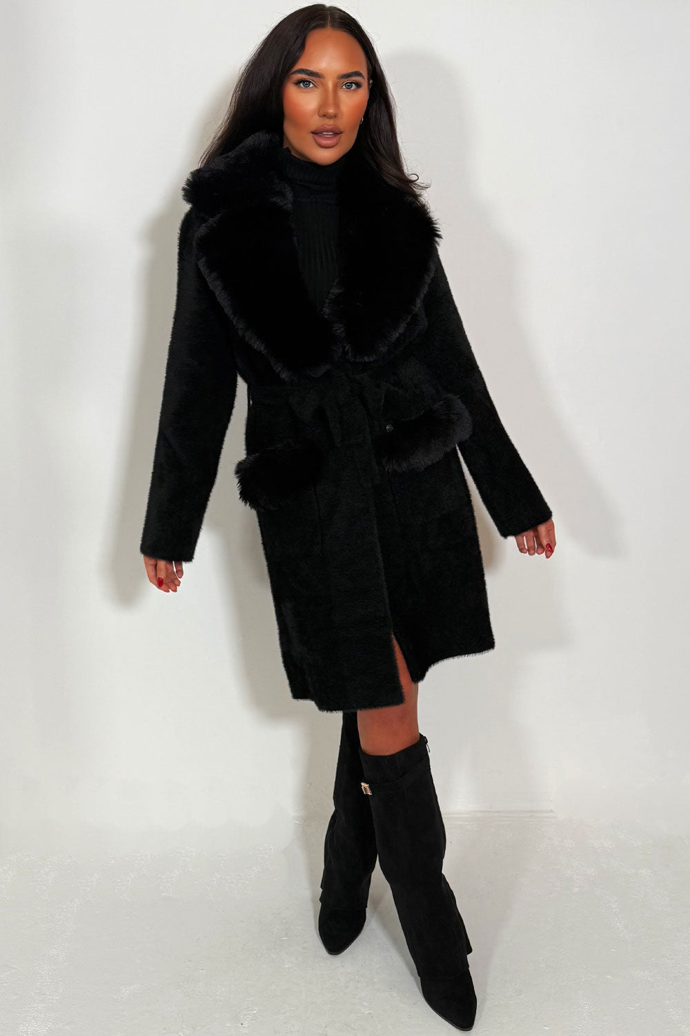 Harley | Women’s belted coat with faux fur collar