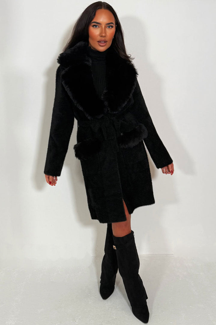 Harley | Women’s belted coat with faux fur collar