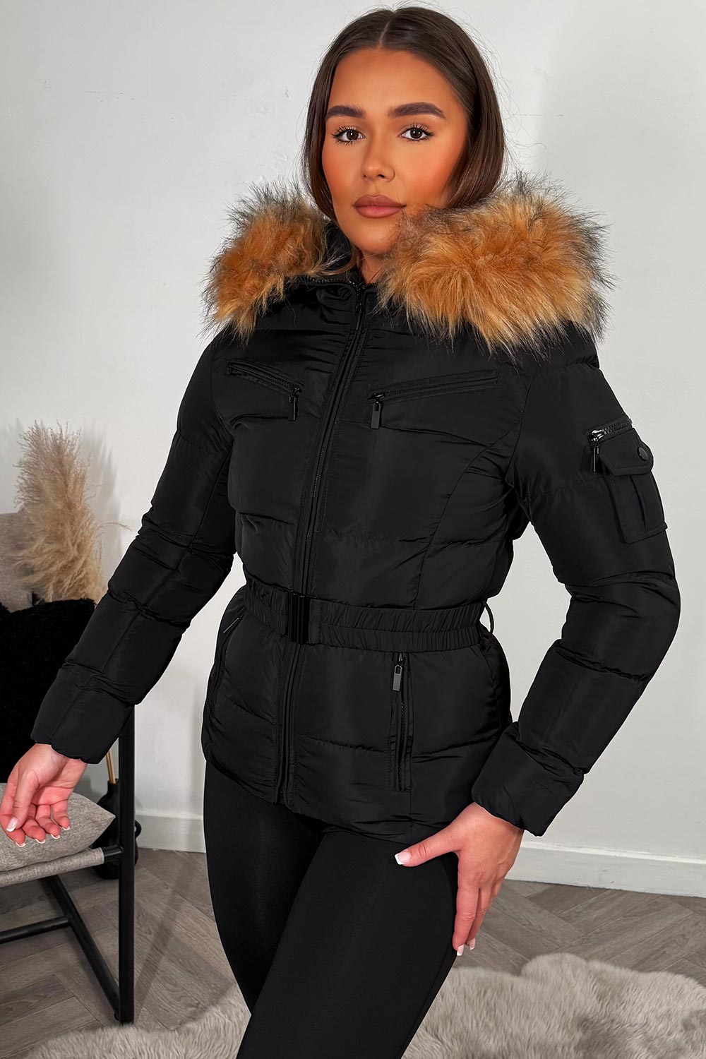 Ameliee | Women’s belted puffer jacket with faux fur hood
