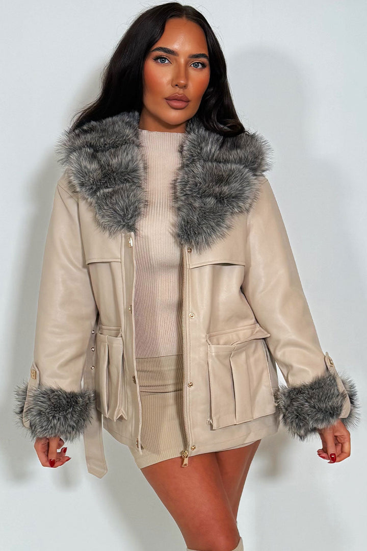 Brisa | Women’s faux leather jacket with faux fur collar and cuffs