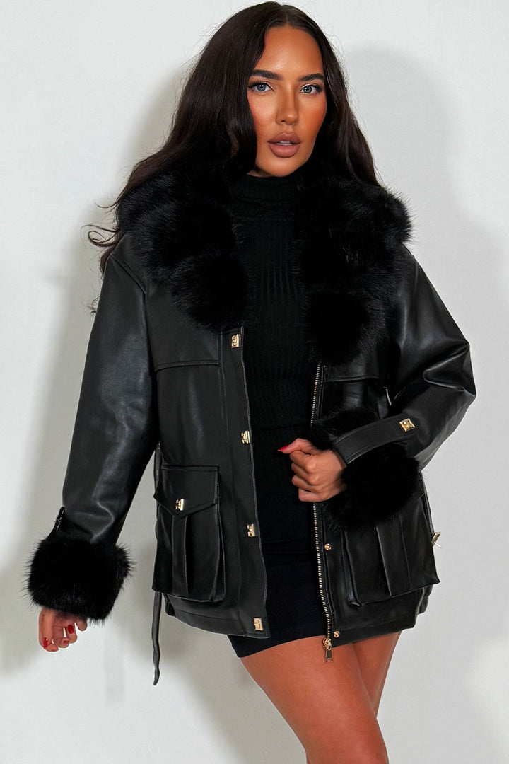 Kenna | Women’s faux leather jacket with detachable faux fur collar and cuffs