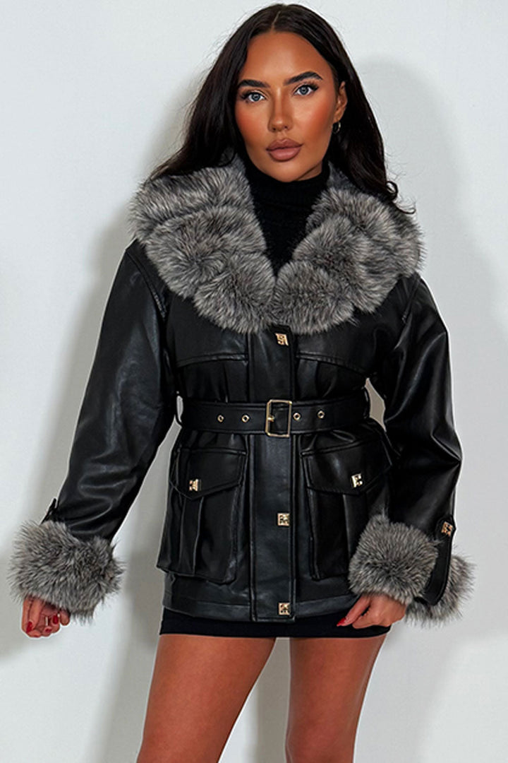 Yaneli | Women’s faux leather jacket with faux fur collar and cuffs
