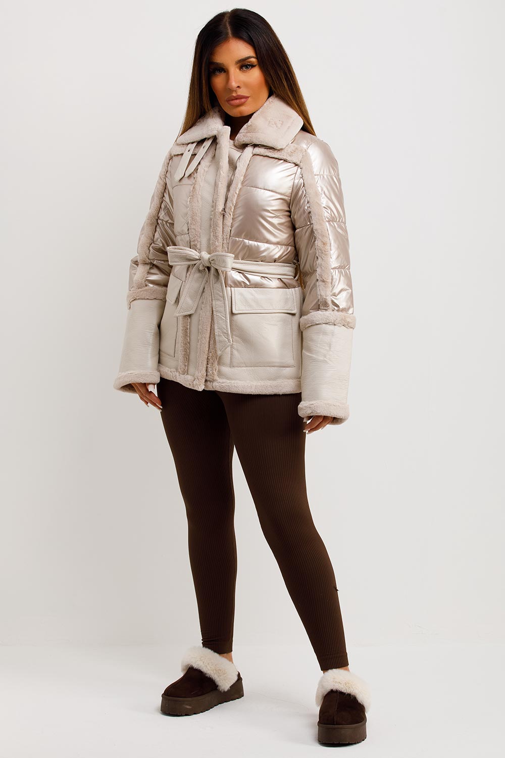 Raegan | Women’s faux fur trim faux suede jacket with waist belt