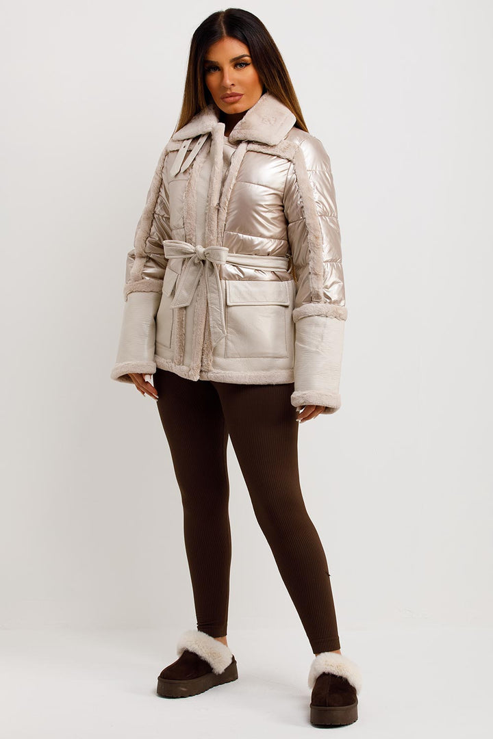 Raegan | Women’s faux fur trim faux suede jacket with waist belt